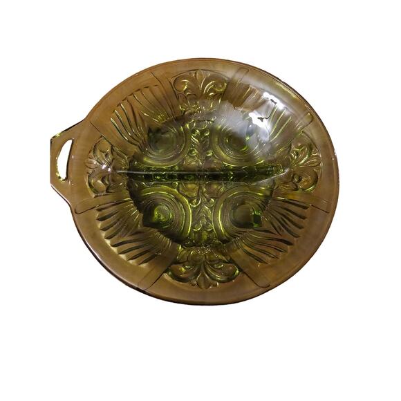 Vintage Indiana Glass Divided Relish Serving Dish Single Cut Out Handle Green - Picture 1 of 4